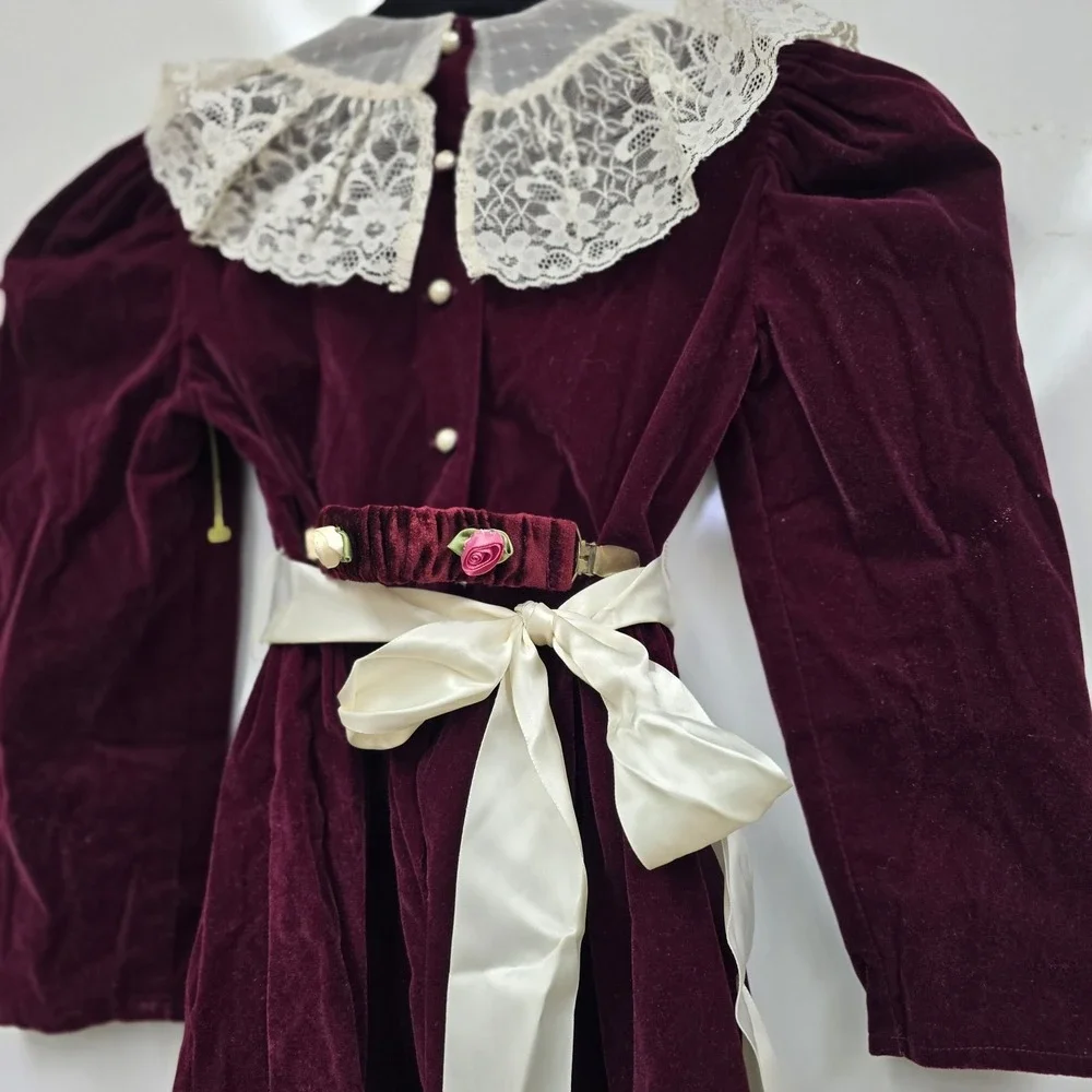 Vintage Sarah Kent Girls Sz 7 Victorian Style Dress Burgundy Ivory Belted Velvet